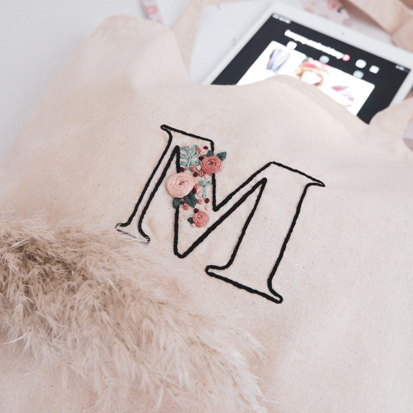 Personalized Large Hand Embroidered Tote Bag. Personalized Tote Bag. 100% Natural Cotton Shopping Bag. Custom Letter Embroidery Canvas Bag.