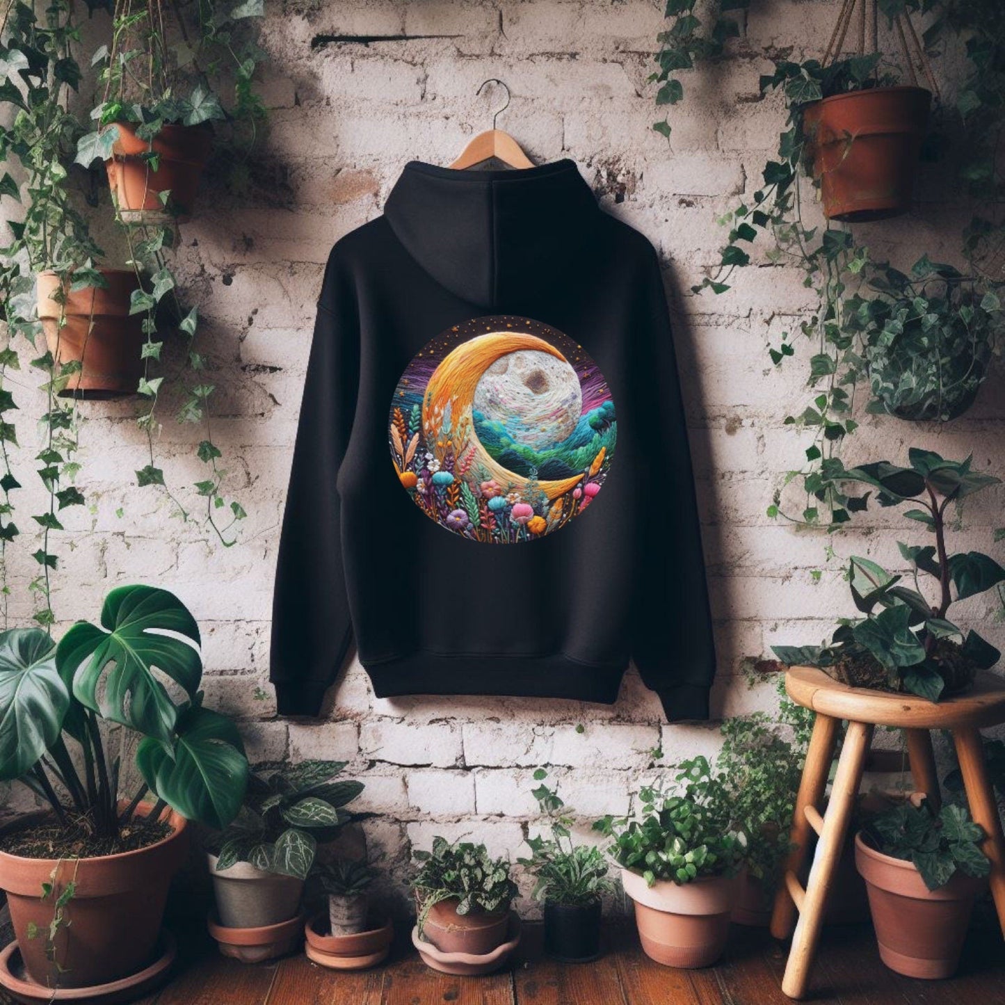 Black hoodie with a colorful design on a hanger against a brick wall with plants.