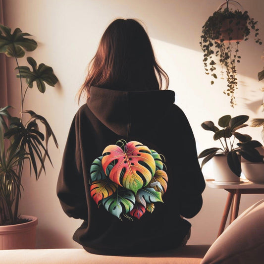 Person wearing a black hoodie with a colorful leaf design in a room with plants.