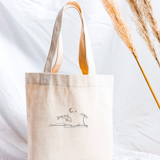 Summer Dreams Hand Embroidered Tote Bag – Sea & Palm Tree Canvas, Minimalist Book Bag, Organic Cotton Grocery Tote