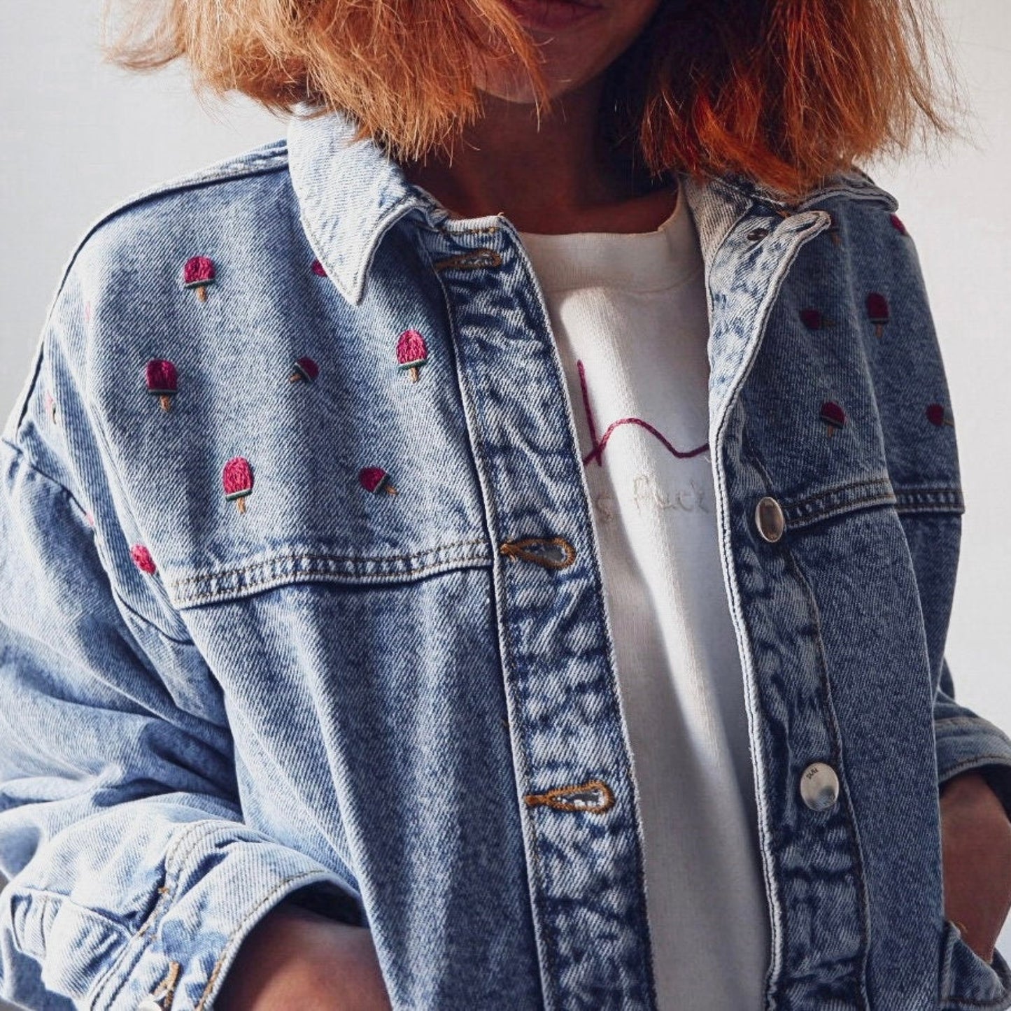denim jacket with embroidered design - watermellow ice cream popsicles