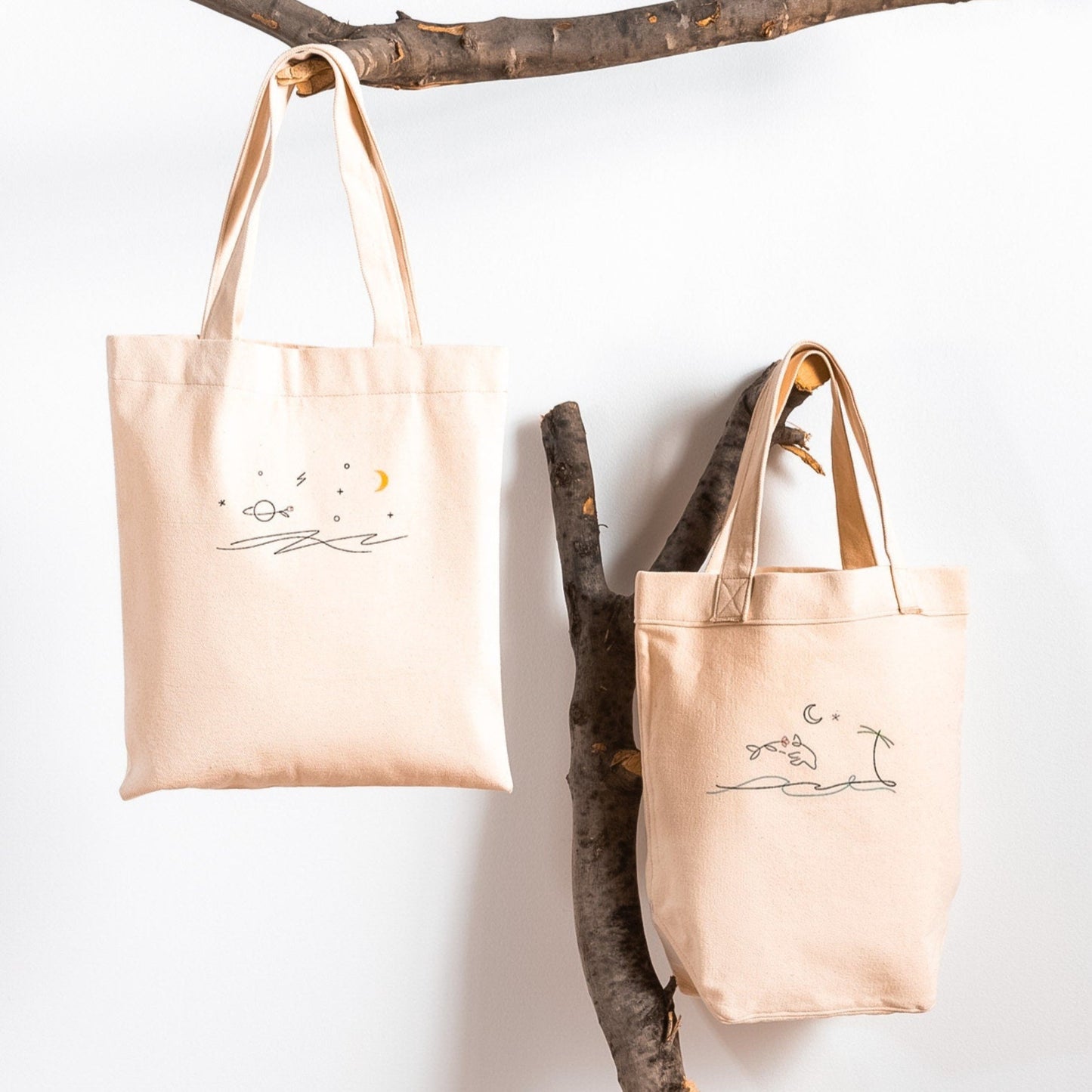 Summer Dreams Hand Embroidered Tote Bag – Sea & Palm Tree Canvas, Minimalist Book Bag, Organic Cotton Grocery Tote