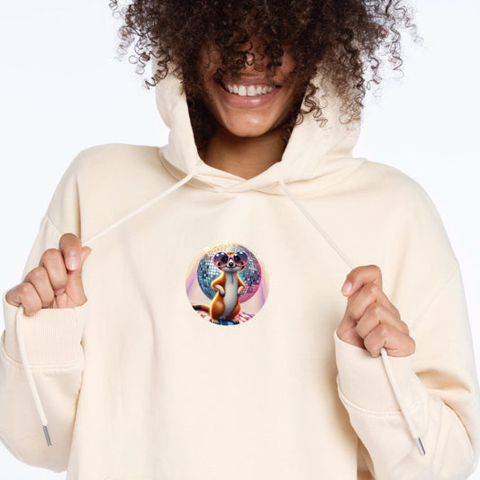 Person wearing a beige hoodie with a colorful graphic design on a white background