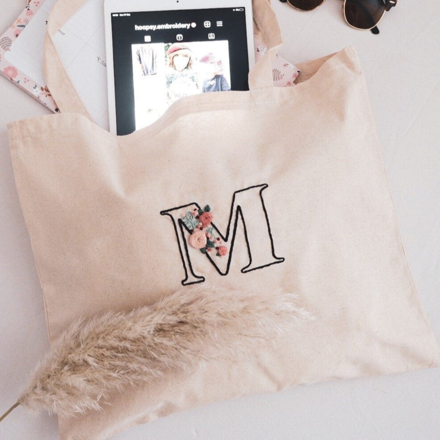 Personalized Large Hand Embroidered Tote Bag. Personalized Tote Bag. 100% Natural Cotton Shopping Bag. Custom Letter Embroidery Canvas Bag.