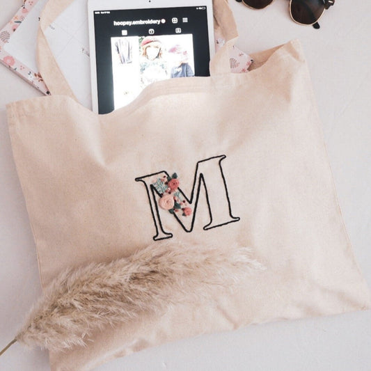 Personalized Large Hand Embroidered Tote Bag. Personalized Tote Bag. 100% Natural Cotton Shopping Bag. Custom Letter Embroidery Canvas Bag.