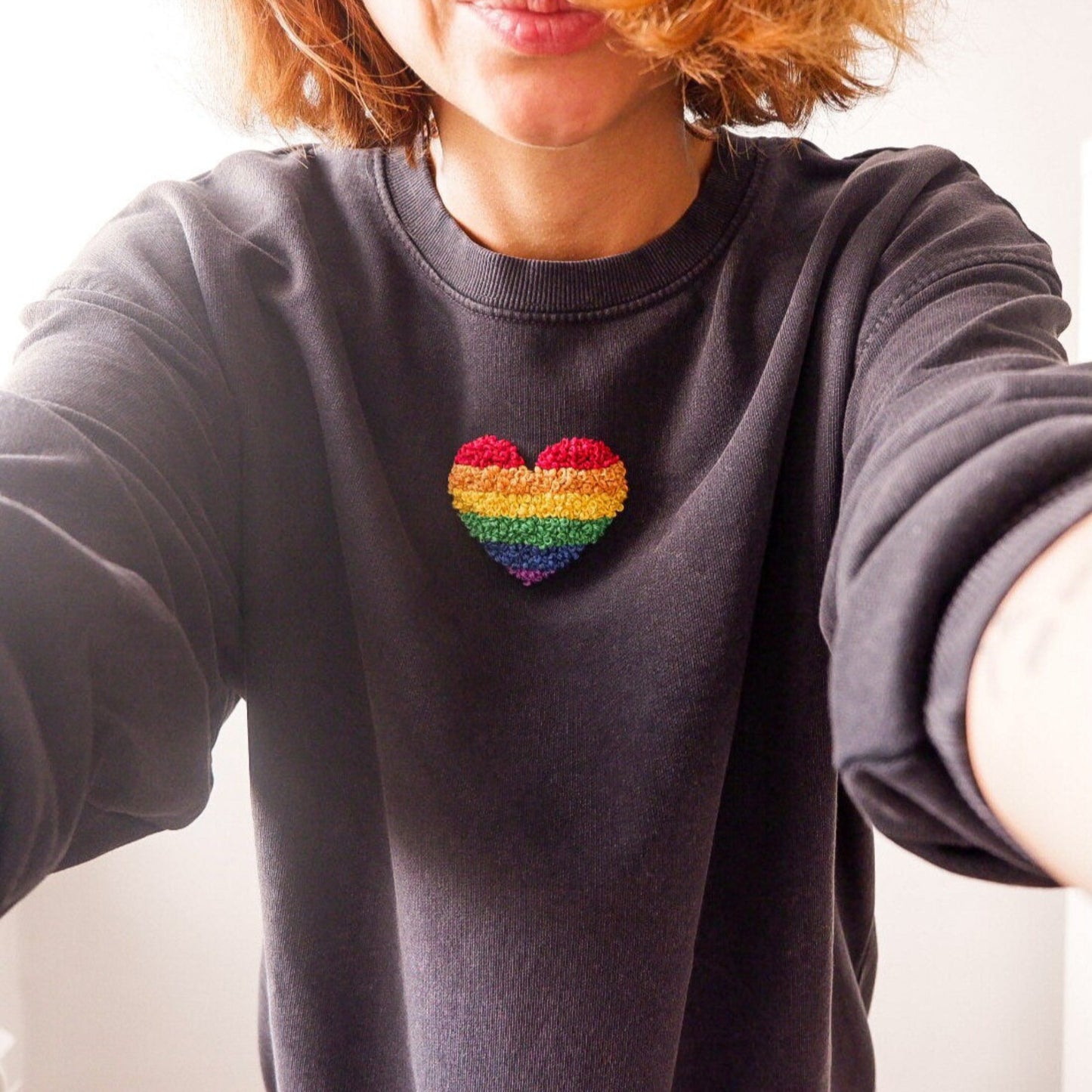 Love is Love Hand Embroidered Sweatshirt – Pride Pullover, Rainbow Heart 100% Cotton Sweatshirt, Vintage Anthracite Gray, Oversized Unisex
