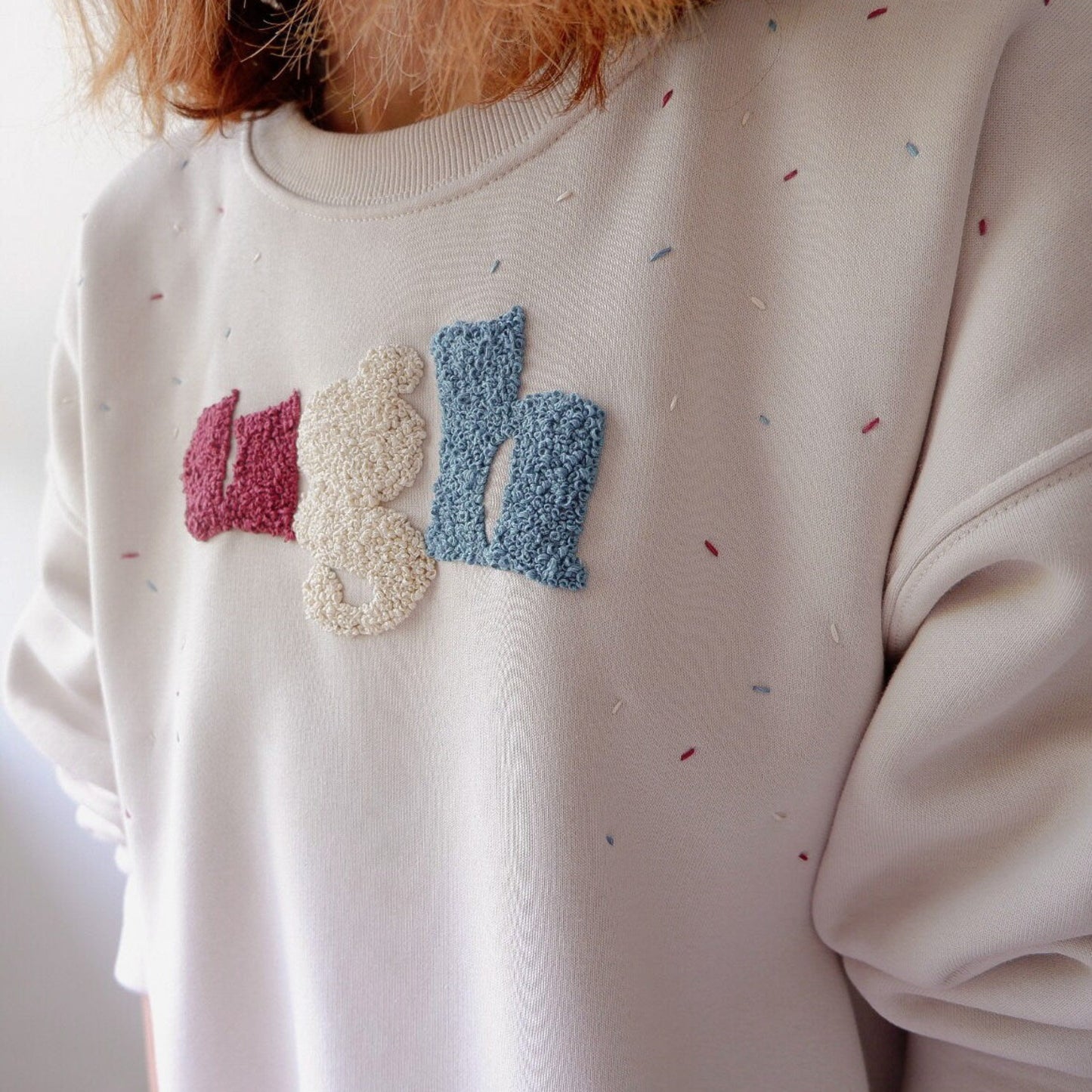UGH Hand Embroidered Sweatshirt – Unique Cozy Pullover, Customizable Women’s Embroidered Top, Made to Order