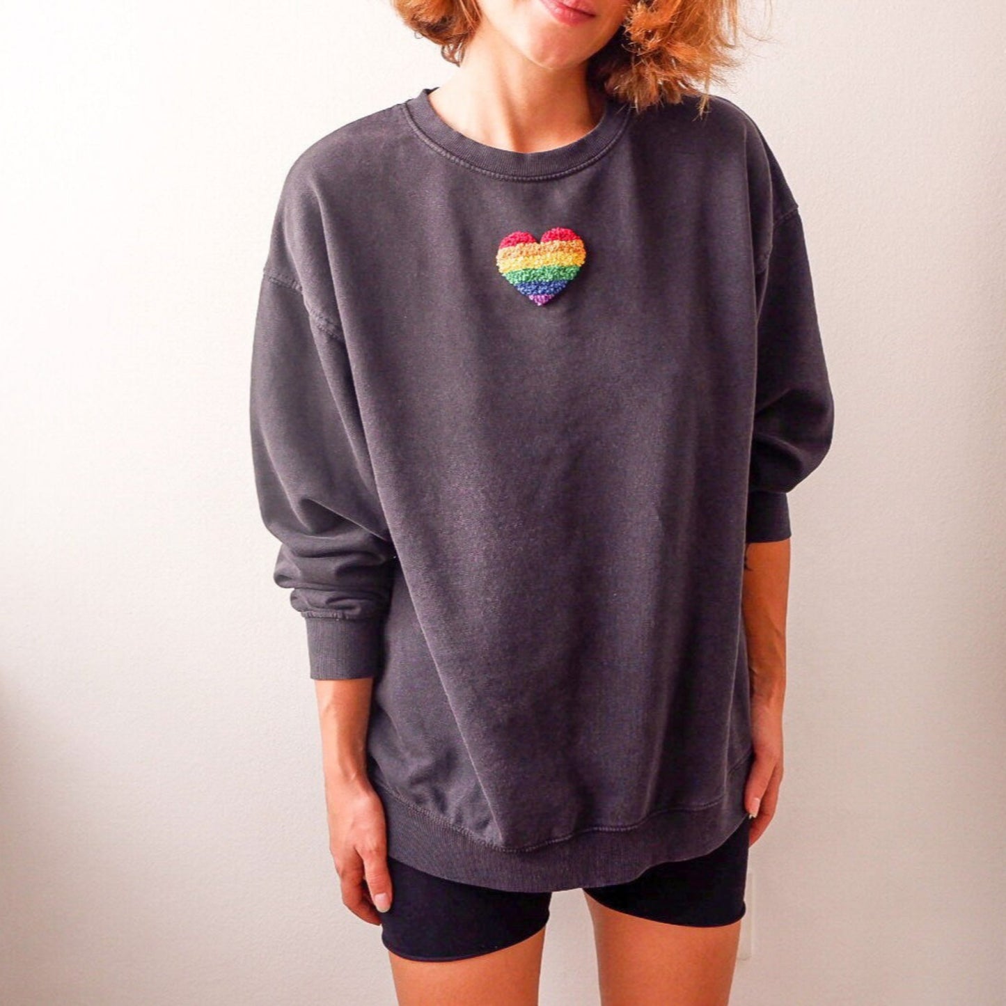Love is Love Hand Embroidered Sweatshirt – Pride Pullover, Rainbow Heart 100% Cotton Sweatshirt, Vintage Anthracite Gray, Oversized Unisex