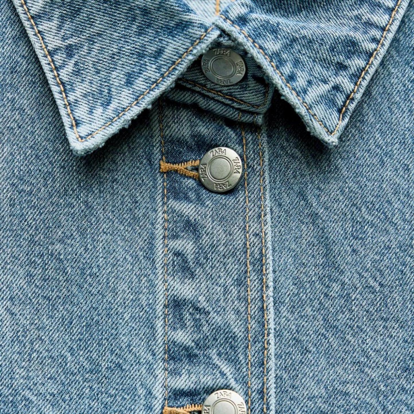 Close-up of a blue denim jacket with buttons