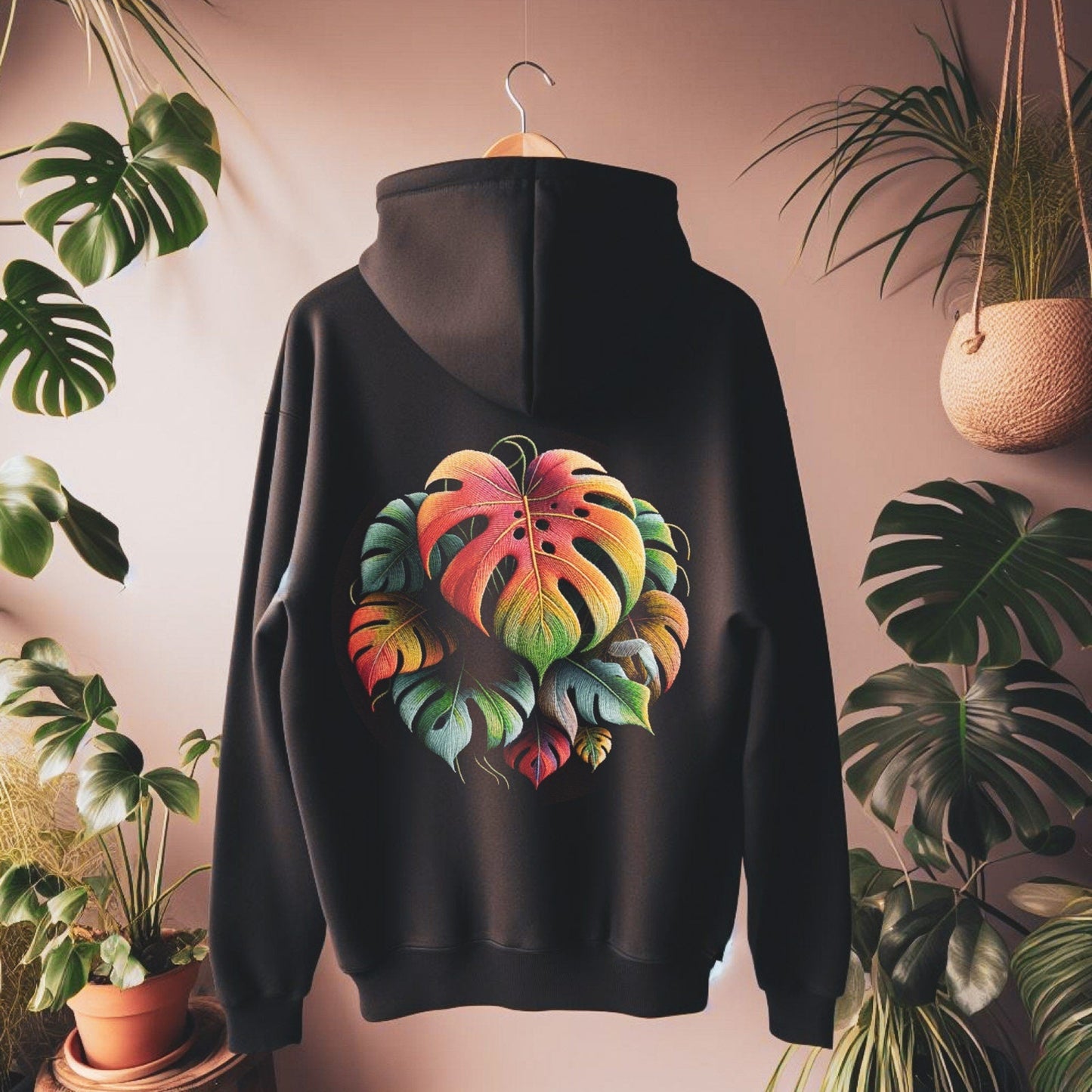 Black hoodie with colorful leaf design hanging against a wall with plants.