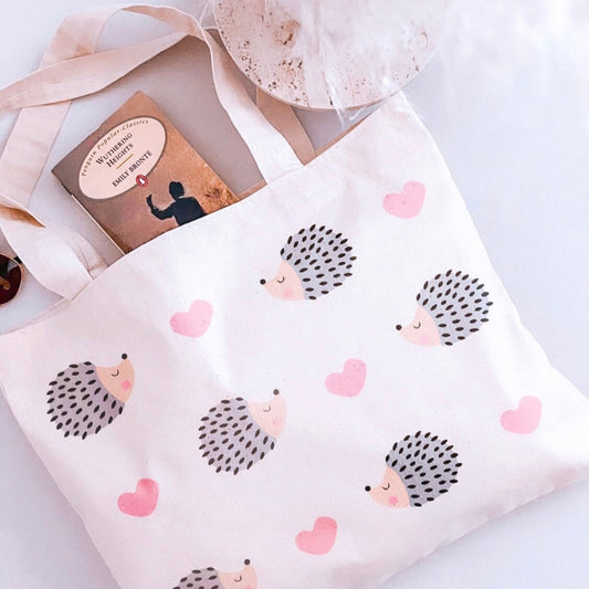 Hedgehog Love Tote Bag – High Quality Printed Canvas, Eco-Friendly Organic Cotton Grocery Bag, Durable Cute Shopping Tote