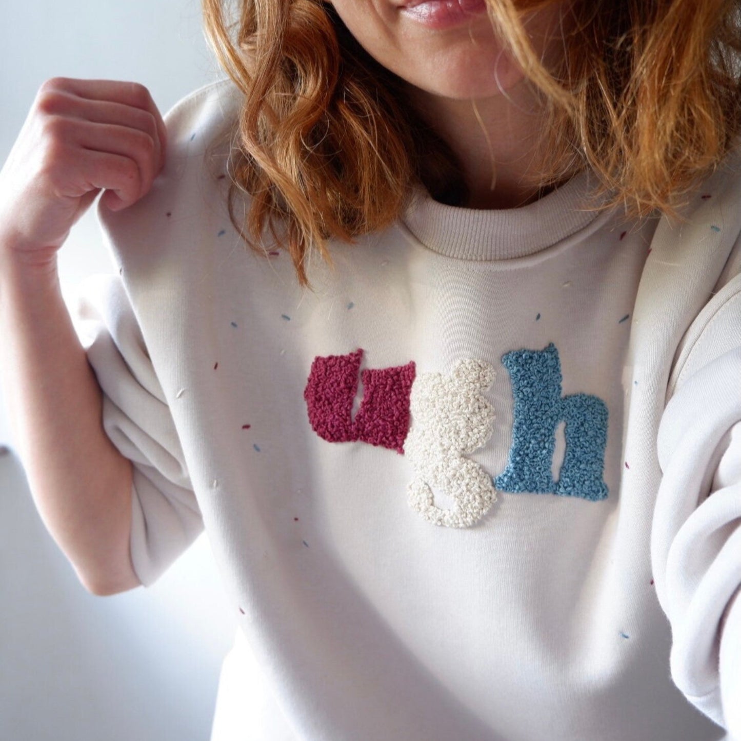 UGH Hand Embroidered Sweatshirt – Unique Cozy Pullover, Customizable Women’s Embroidered Top, Made to Order