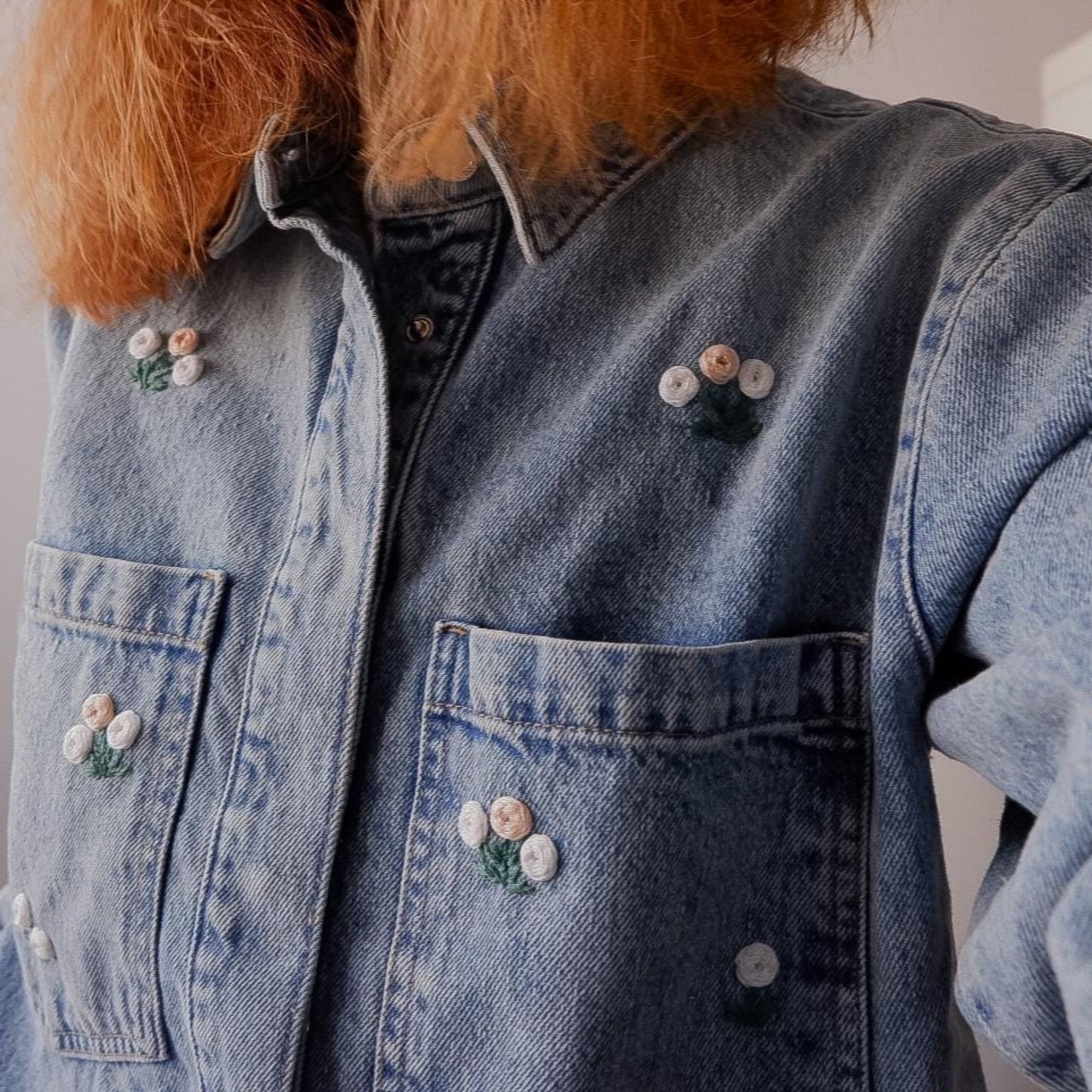 Hand-Embroidered Flowers Denim Overshirt – Unique Floral Denim Jacket, Women’s Slightly Oversized Shirt