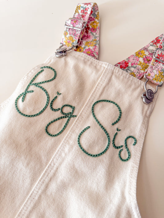 Personalized Name Denim Dungarees – Custom Name Flower Embroidered Overalls for Girls, Unique Birthday Gift, Big/Little Sister Outfit