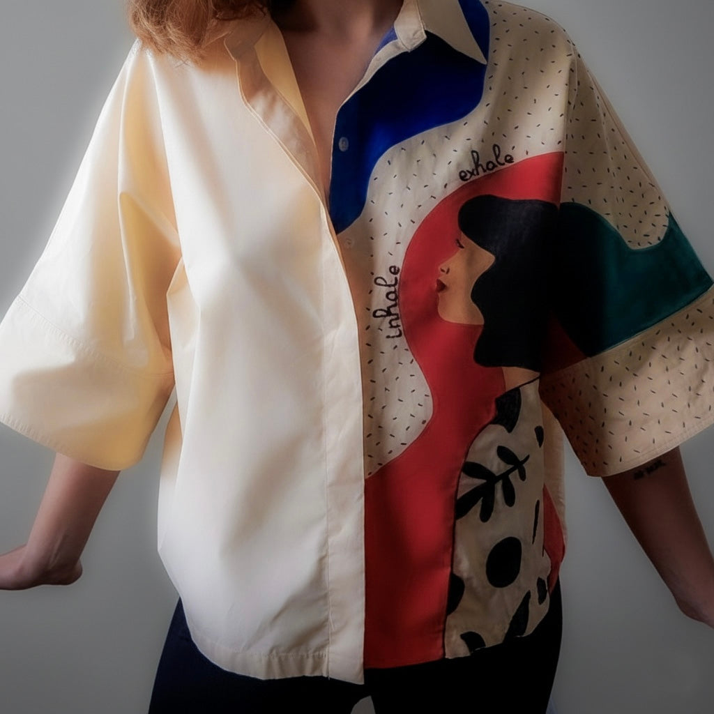 Deep Breaths Hand Embroidered and Hand Painted Button Up Cotton Shirt.