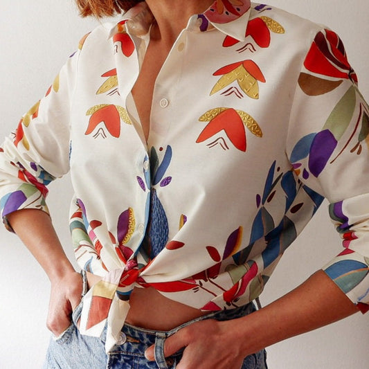 Hand Embroidered Pattern Cotton Shirt – Limited Edition Artisan Floral Cotton Blouse, Ethically Made, Size Up for a Relaxed Fit