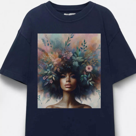 Navy blue t-shirt with a colorful graphic of a woman with flowers in her hair on a white background