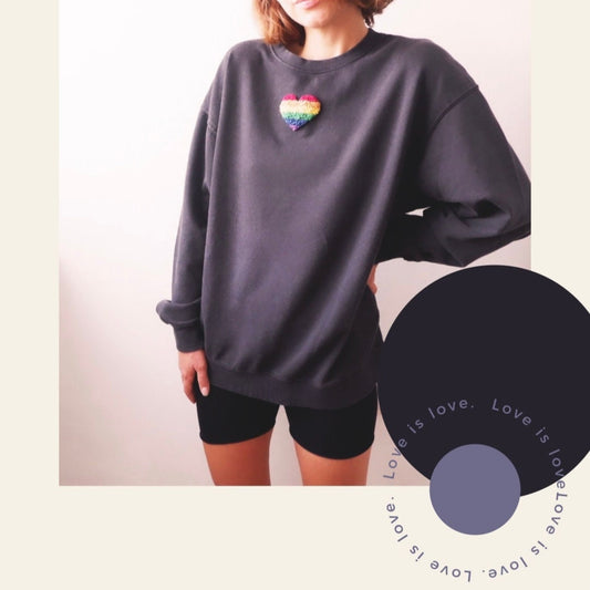 Love is Love Hand Embroidered Sweatshirt – Pride Pullover, Rainbow Heart 100% Cotton Sweatshirt, Vintage Anthracite Gray, Oversized Unisex