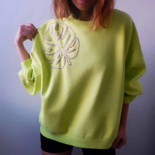 Neon Green Hand Embroidered Monstera Leaf Sweatshirt – Oversized Plant Lover Pullover, Unique Botanical Top, Ready to Ship