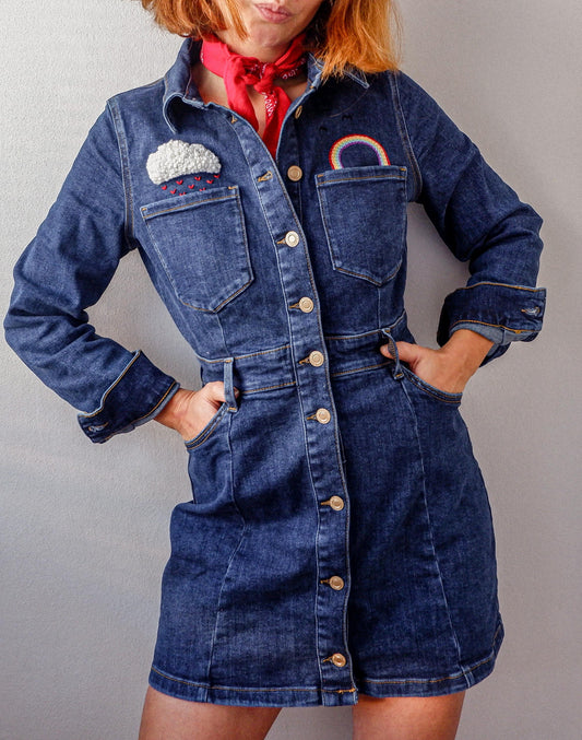 Rainbow & Rain Cloud Hand Embroidered Denim Dress – Custom Short Denim Dress, Whimsical Motif, Made to Order, Unique Gift