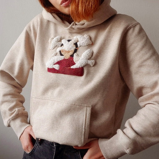 Hand Embroidered Flying Birds Hoodie - Textured Embroidery Sweatshirt - Artisan Made Oatmeal Beige Pullover
