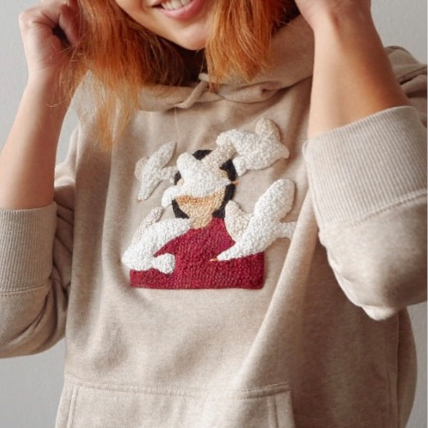 Hand Embroidered Flying Birds Hoodie - Textured Embroidery Sweatshirt - Artisan Made Oatmeal Beige Pullover