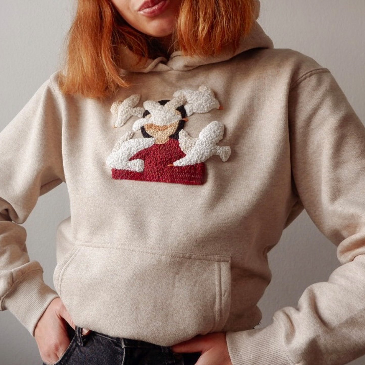 Hand Embroidered Flying Birds Hoodie - Textured Embroidery Sweatshirt - Artisan Made Oatmeal Beige Pullover