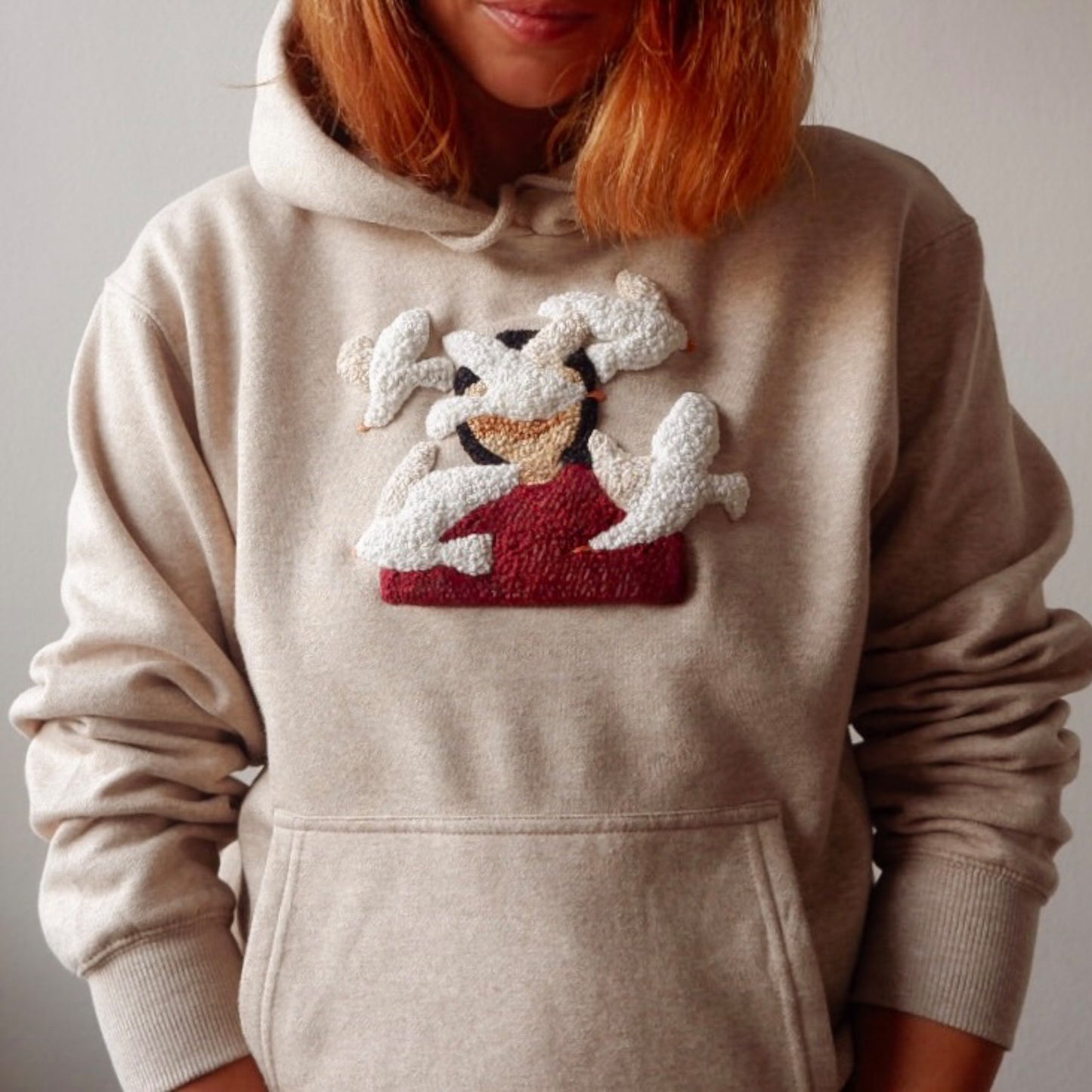 Hand Embroidered Flying Birds Hoodie - Textured Embroidery Sweatshirt - Artisan Made Oatmeal Beige Pullover