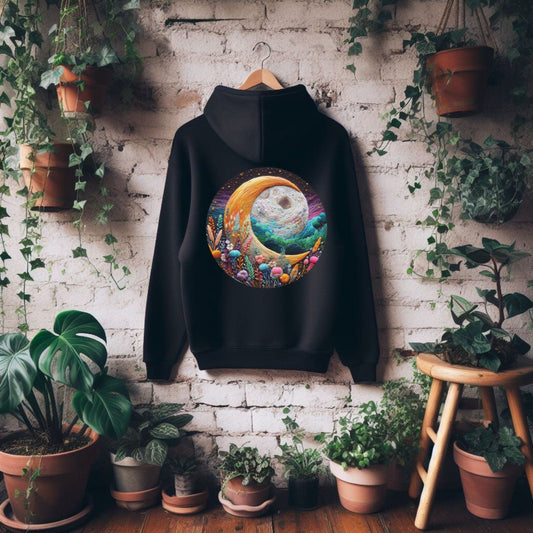 Black hoodie with a colorful design on a hanger against a brick wall with plants.