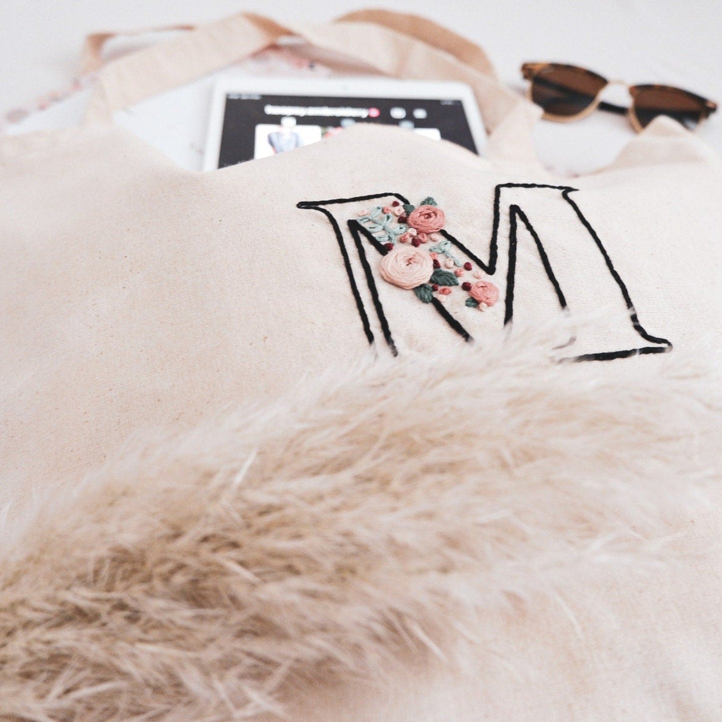 Personalized Large Hand Embroidered Tote Bag. Personalized Tote Bag. 100% Natural Cotton Shopping Bag. Custom Letter Embroidery Canvas Bag.