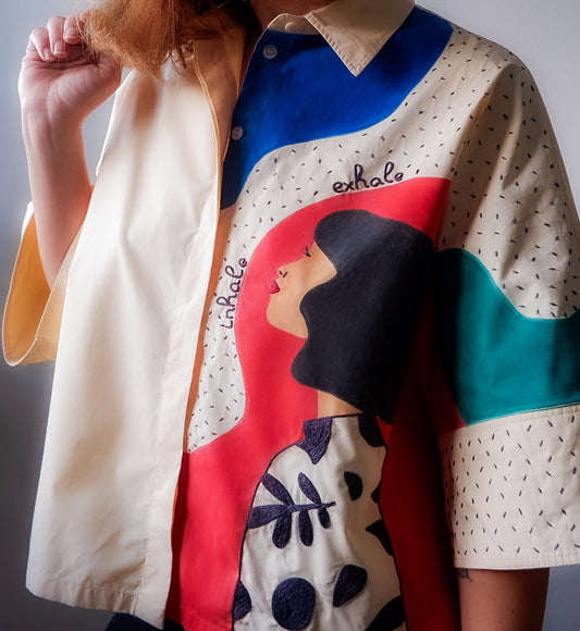 Deep Breaths Hand Embroidered and Hand Painted Button Up Cotton Shirt.