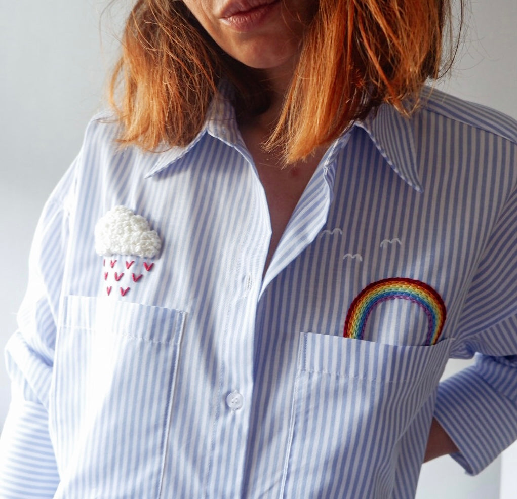 Hand Embroidered Pink/Blue Striped Oversized Shirt – “No Rain, No Rainbow” 100% Cotton, Natural Year-Round Statement Top