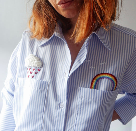Hand Embroidered Pink/Blue Striped Oversized Shirt – “No Rain, No Rainbow” 100% Cotton, Natural Year-Round Statement Top