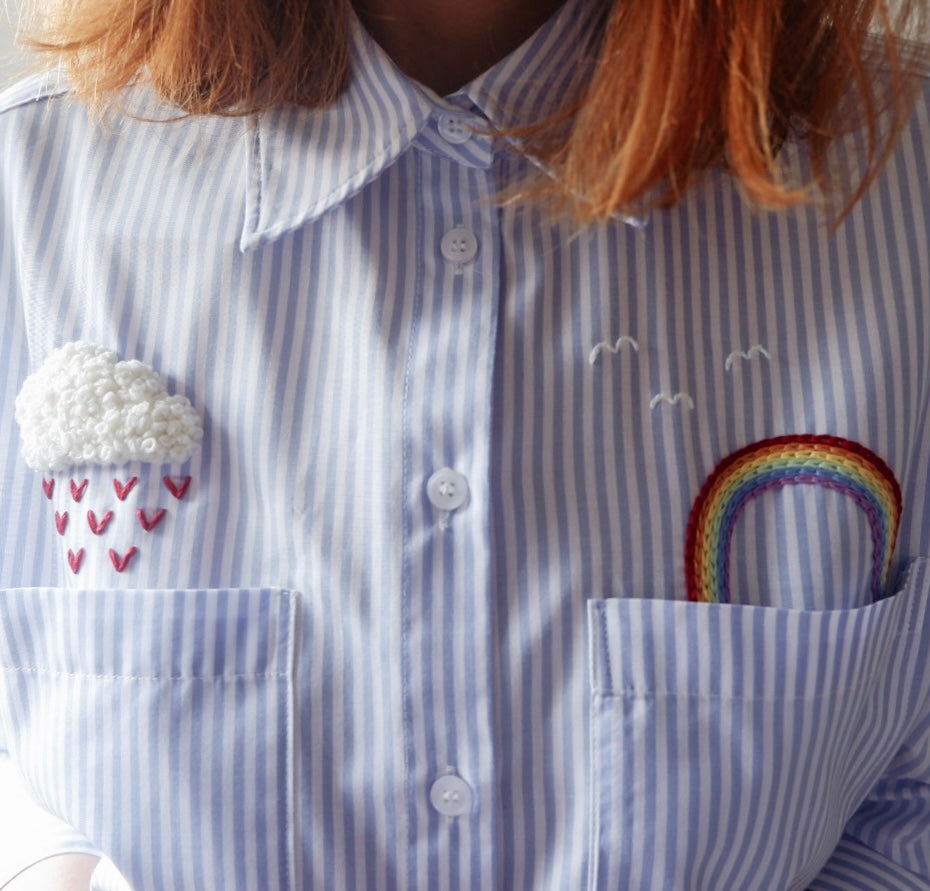 Hand Embroidered Pink/Blue Striped Oversized Shirt – “No Rain, No Rainbow” 100% Cotton, Natural Year-Round Statement Top