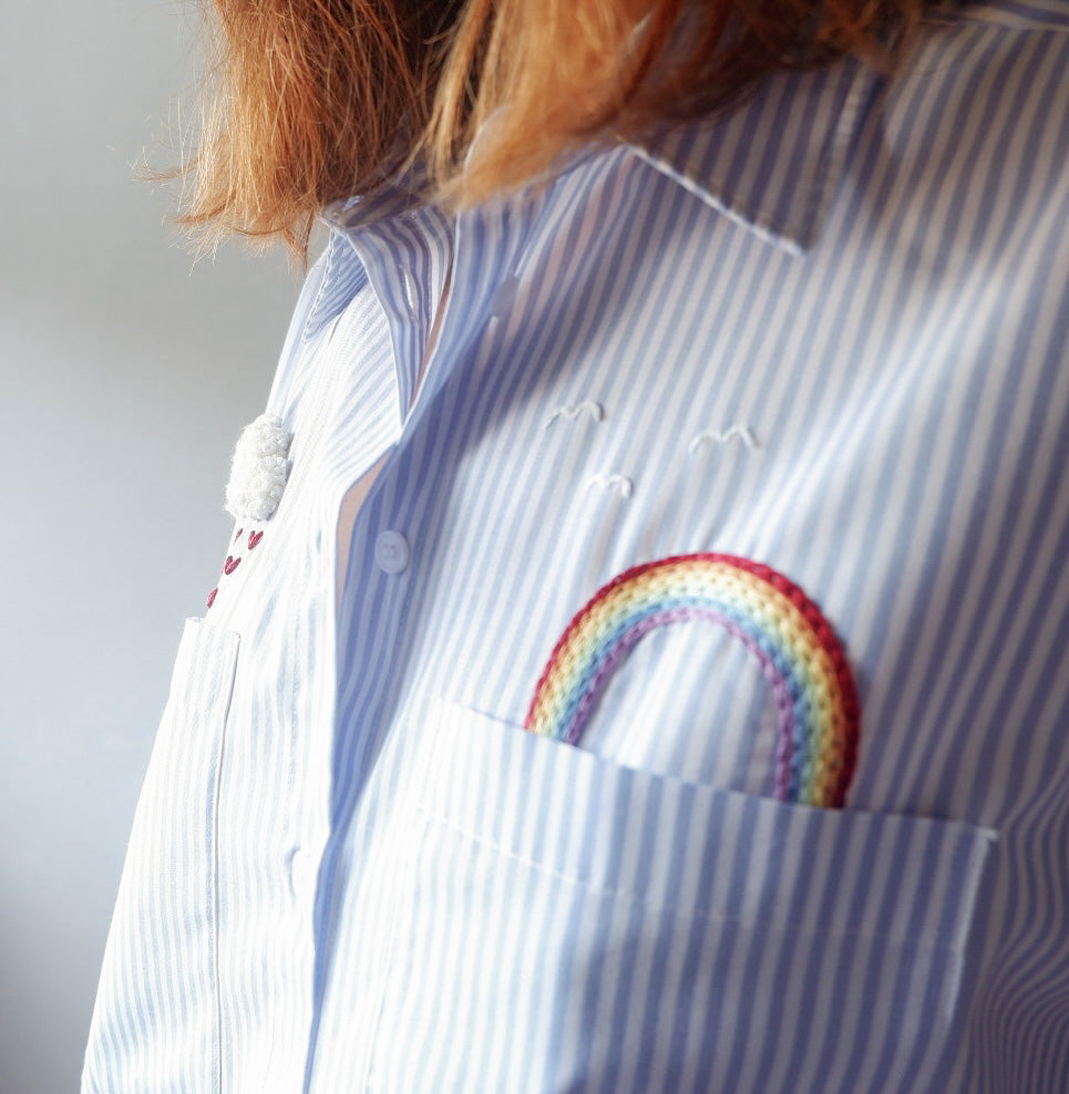 Hand Embroidered Pink/Blue Striped Oversized Shirt – “No Rain, No Rainbow” 100% Cotton, Natural Year-Round Statement Top