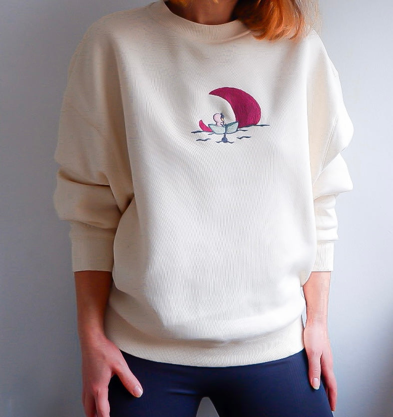 Sail Me To the Moon Hand Embroidered Sweatshirt. Hand Embroidered Moon Crewneck.