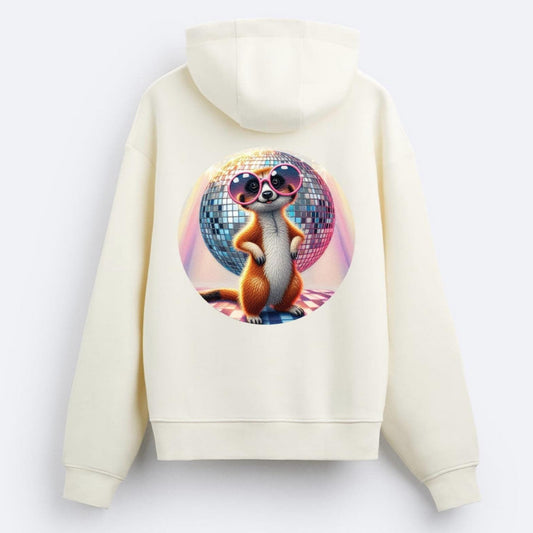 Beige hoodie with a colorful graphic of a raccoon on a disco ball on the back, against a white background.