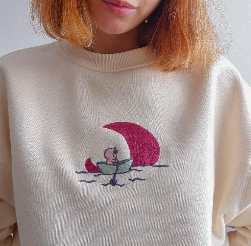 Sail Me To the Moon Hand Embroidered Sweatshirt. Hand Embroidered Moon Crewneck.