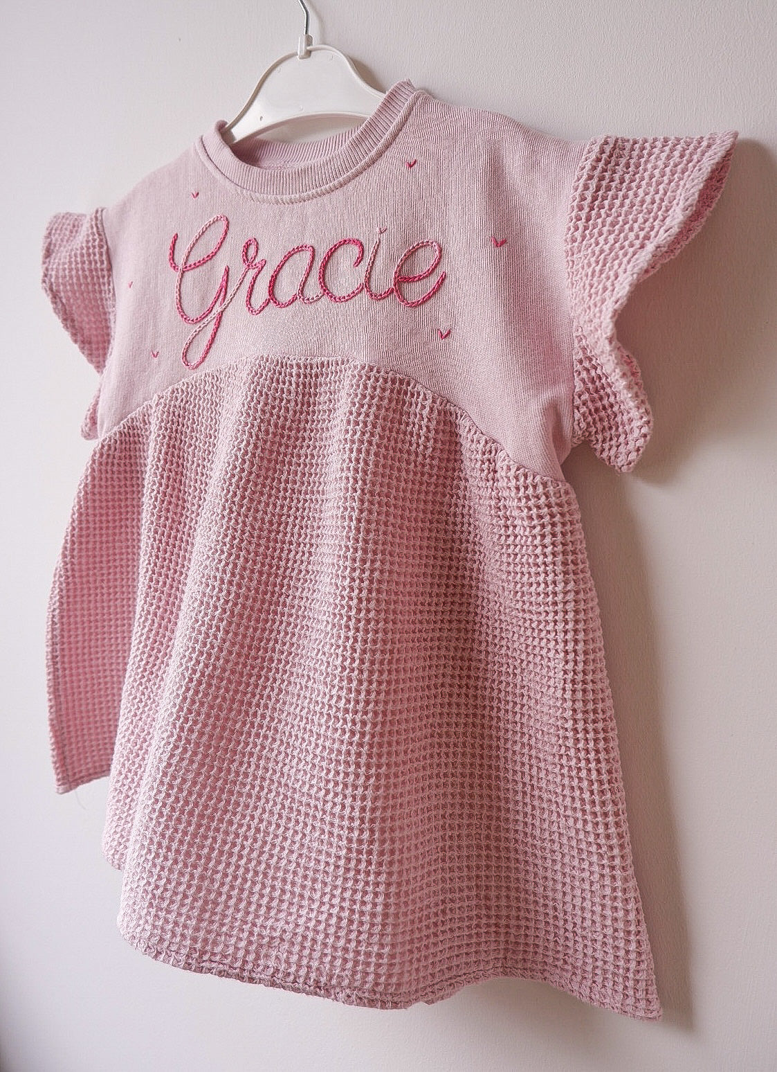Custom Embroidered Toddler Dress – Personalized Name Dress for Girls, Pink Ruffle Waffle Knit Dress, Handmade Toddler Gift