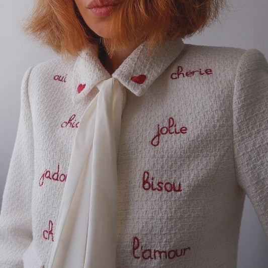 Am I French Yet? French Lover Hand Embroidered White Shirt – Parisian-Inspired Women’s Blouse, Recycled Polyester, Unique Gift