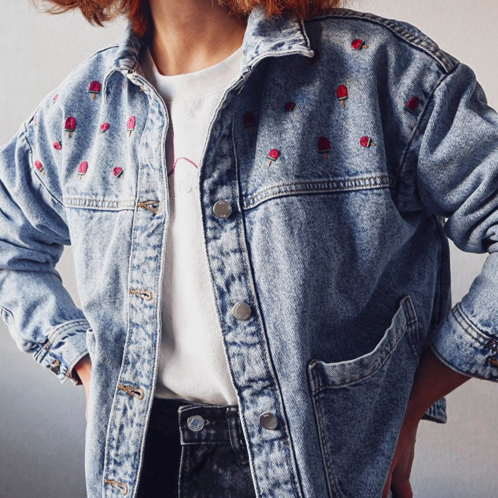 Denim jacket with embroidered details - ice cream watermelon popsicles