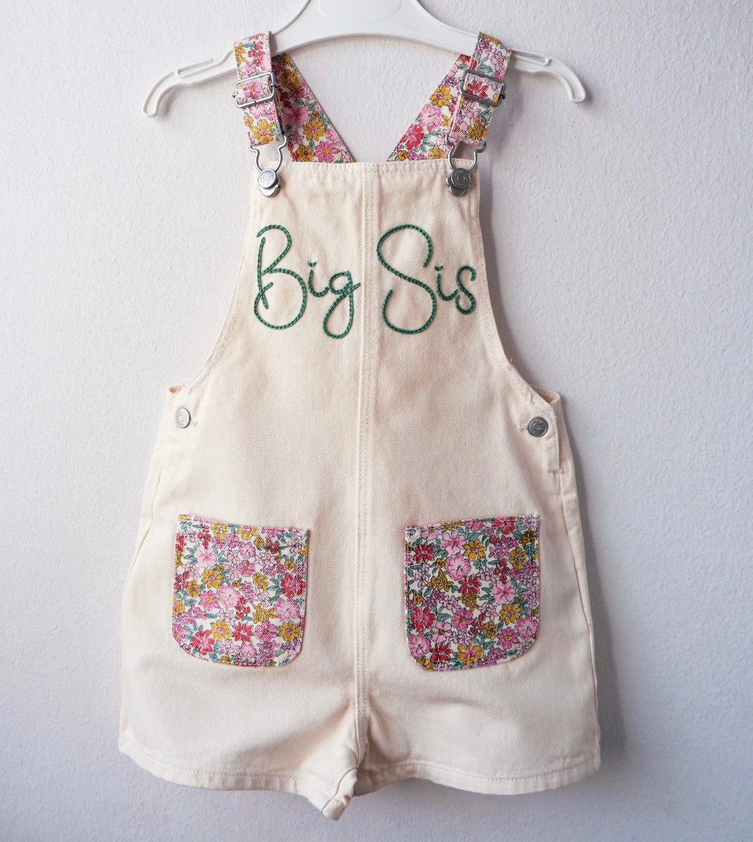 Personalized Name Denim Dungarees – Custom Name Flower Embroidered Overalls for Girls, Unique Birthday Gift, Big/Little Sister Outfit