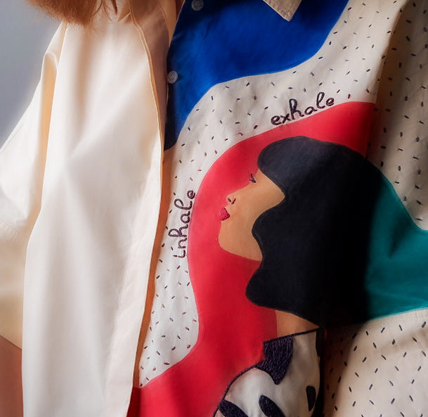 Deep Breaths Hand Embroidered and Hand Painted Button Up Cotton Shirt.