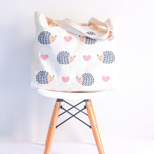 Hedgehog Love Tote Bag – High Quality Printed Canvas, Eco-Friendly Organic Cotton Grocery Bag, Durable Cute Shopping Tote