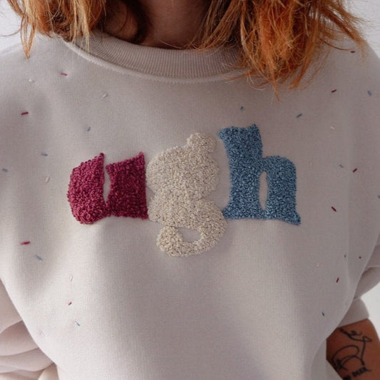UGH Hand Embroidered Sweatshirt – Unique Cozy Pullover, Customizable Women’s Embroidered Top, Made to Order