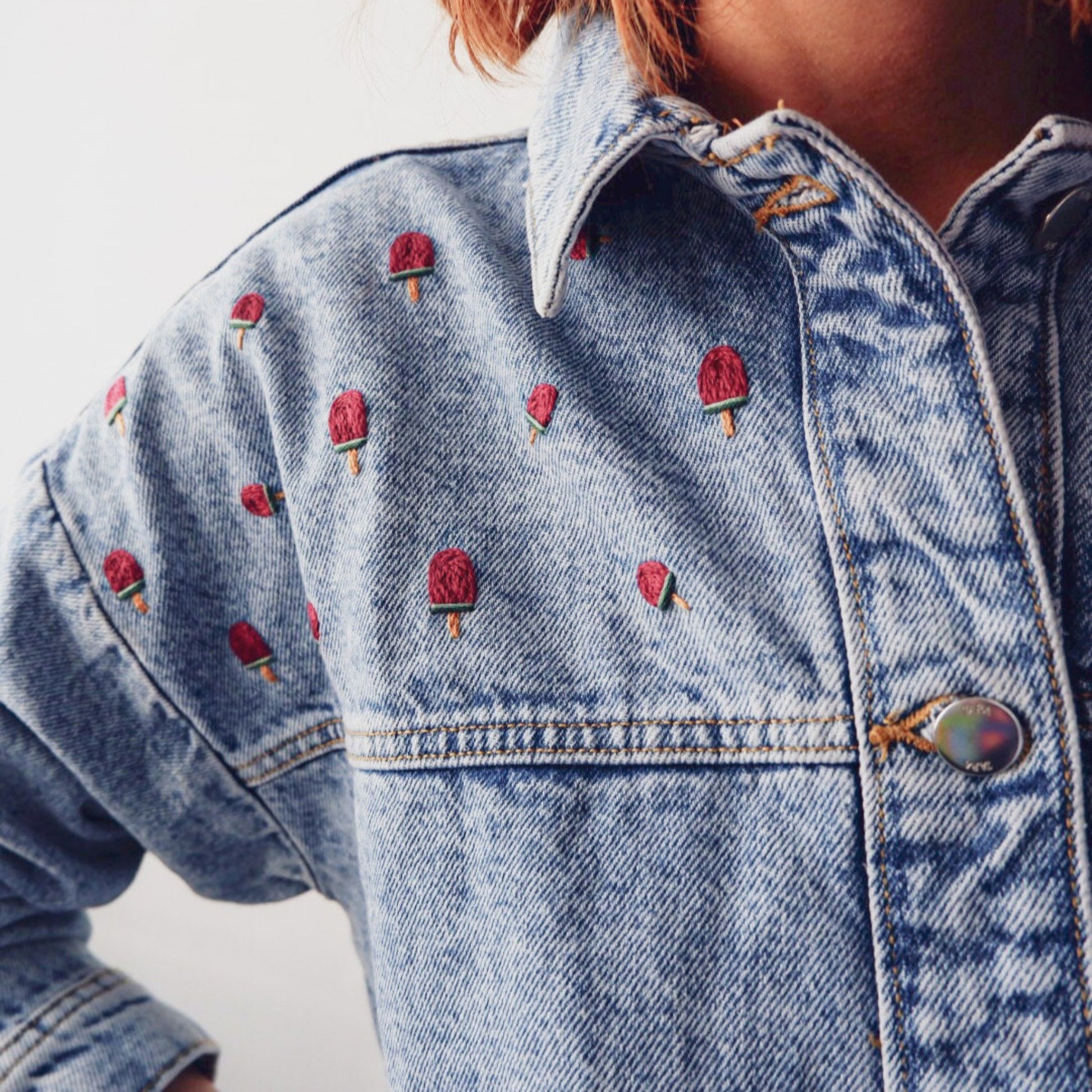 Denim jacket with embroidered ice cream watermellon popsicle patterns 