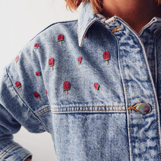 Denim jacket with embroidered ice cream watermellon popsicle patterns 