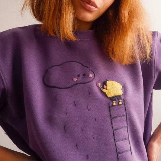 Dreamy Rain Cloud Hand Embroidered Sweatshirt - Purple Unisex Pullover