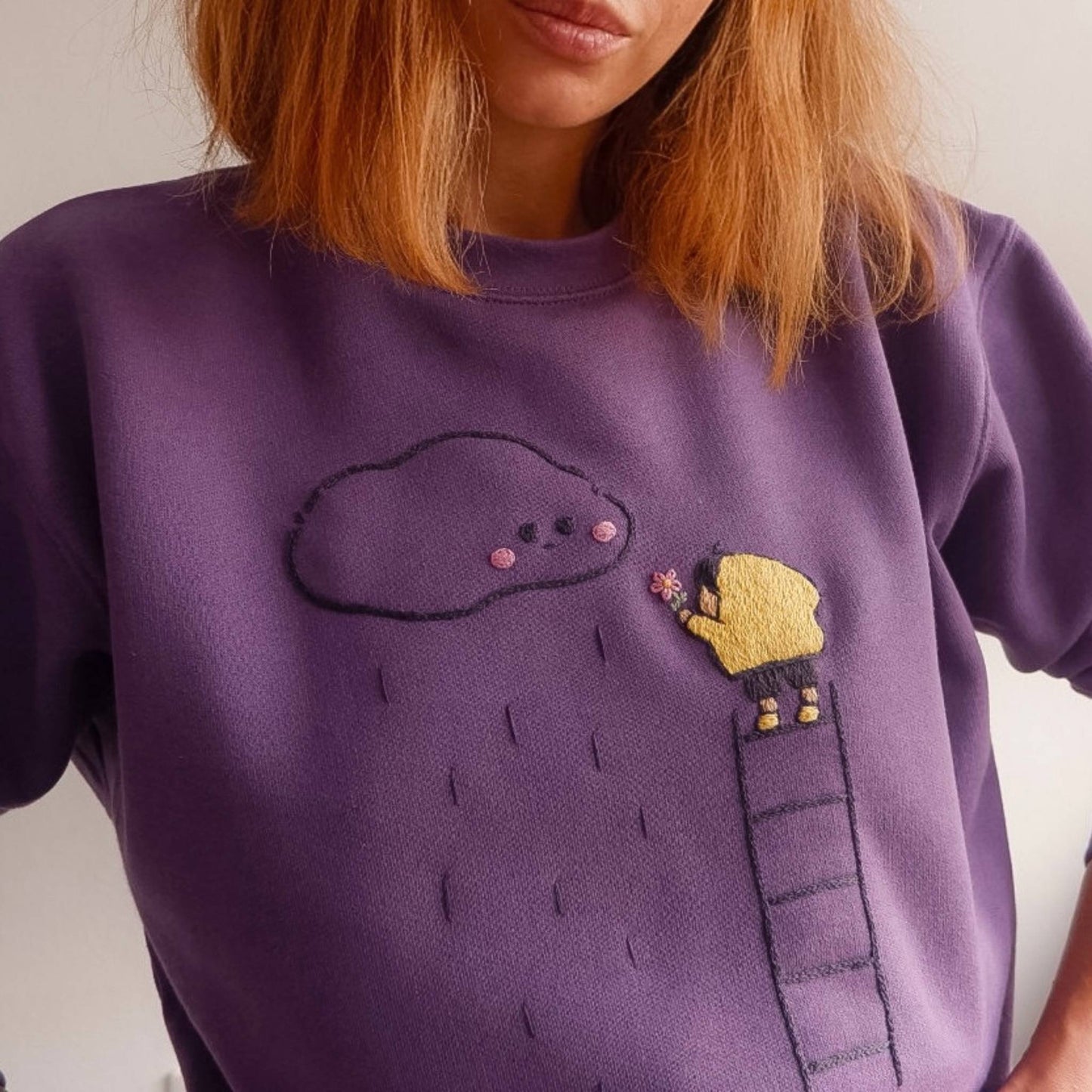 Dreamy Rain Cloud Hand Embroidered Sweatshirt - Purple Unisex Pullover