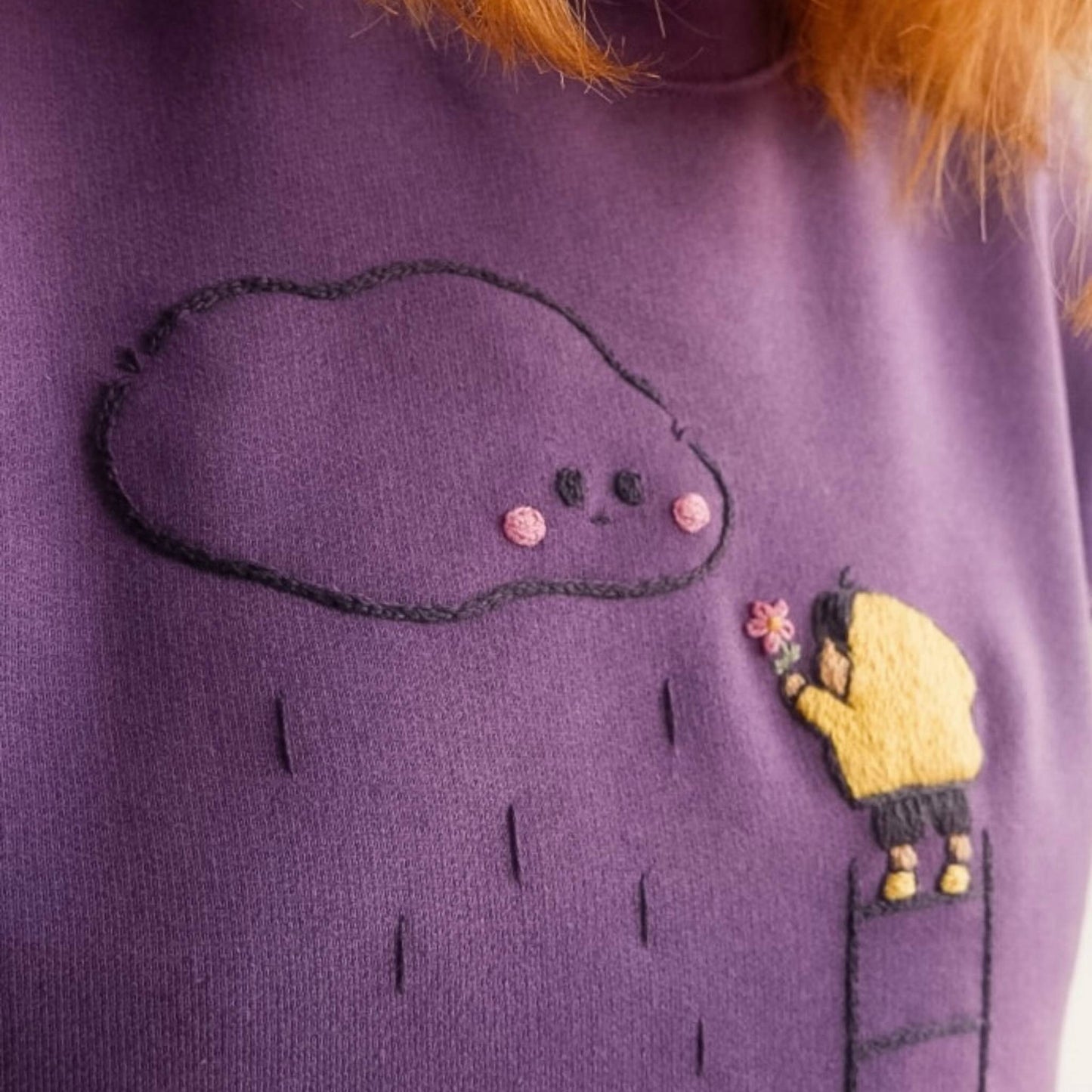 Dreamy Rain Cloud Hand Embroidered Sweatshirt - Purple Unisex Pullover